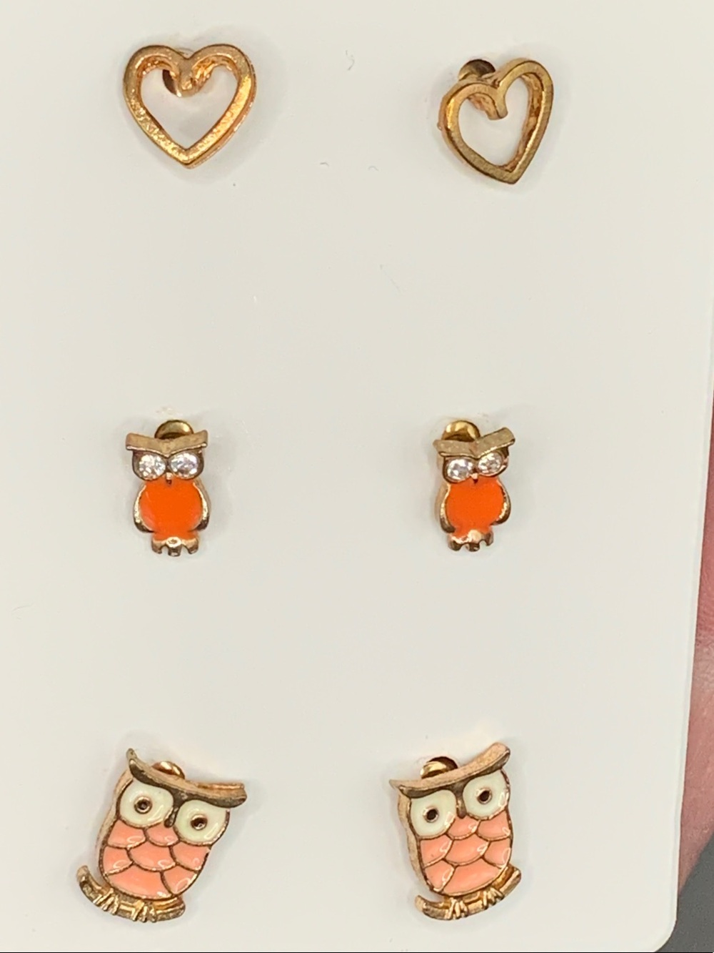 Gold-Tone Orange Owl & Heart Earring Set